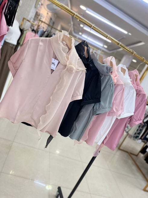 Satin Short Sleeves Tops With Scarf